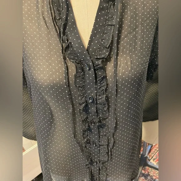 Lapis Black Sheer Polka Dot Popover Blouse, Short Puff Sleeve, Size Medium - Picture 3 of 11